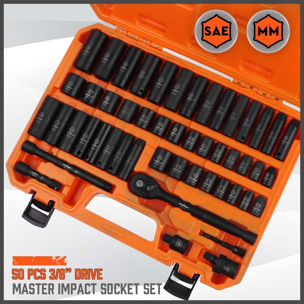 Comprehensive 50Pc 3/8" Impact Socket Set with Ratchet, Extensions, Metric & SAE Sizes, Durable Case Included