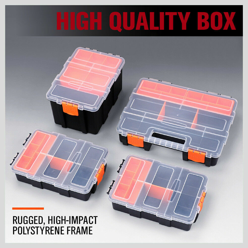 Versatile 4-piece tool box organizer set with removable trays, crafted from durable, high-impact polystyrene, ideal for neatly storing screws, nuts, bolts, arts and crafts materials.