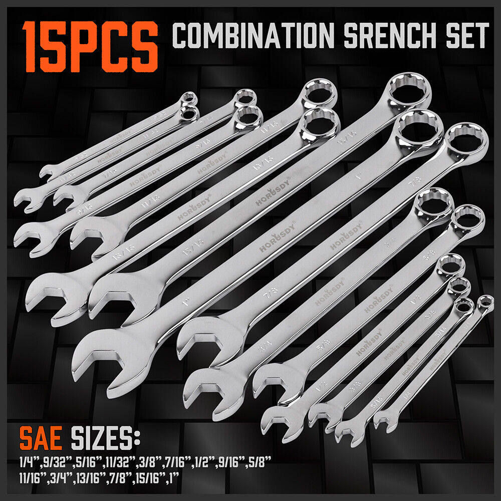 HORUSDY 15-Piece Imperial Spanner Set, SAE Ring/Open End Wrench, Chrome Vanadium Steel, Nickel Chrome Plated with Mirror Polish Finish