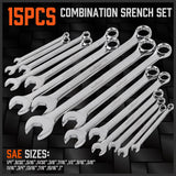 HORUSDY 15-Piece Imperial Spanner Set, SAE Ring/Open End Wrench, Chrome Vanadium Steel, Nickel Chrome Plated with Mirror Polish Finish