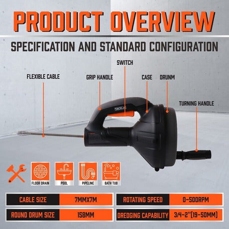 Efficient Drain Auger Drain Cleaner Unblocker - 7m Cable for Kitchen, Bathroom Sinks, Bathtubs, Showers, and Pipes