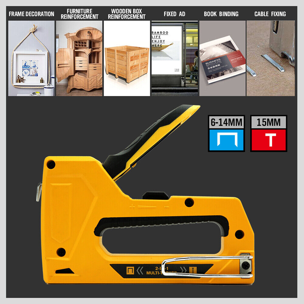 Durable carbon steel manual staple and brad nail gun with a yellow coating and easy-to-reload mechanism.