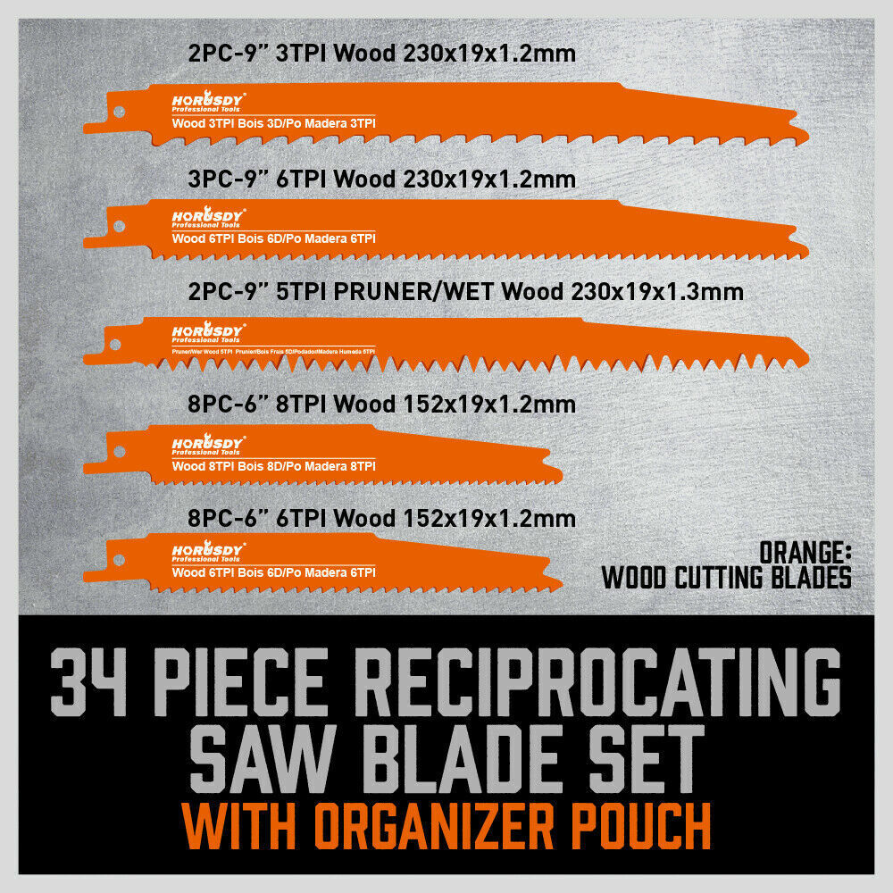 34-Piece Reciprocating Saw Blade Set for Wood and Metal Cutting, compatible with major brands.