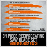 34-Piece Reciprocating Saw Blade Set for Wood and Metal Cutting, compatible with major brands.