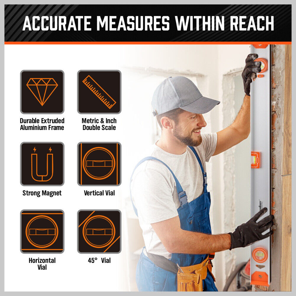 HORUSDY 80CM Torpedo Spirit Level, Durable ABS+Acrylic, Magnetic Strip, Red, with Plumb/Level/45-Degree Bubbles for Precision Measurement