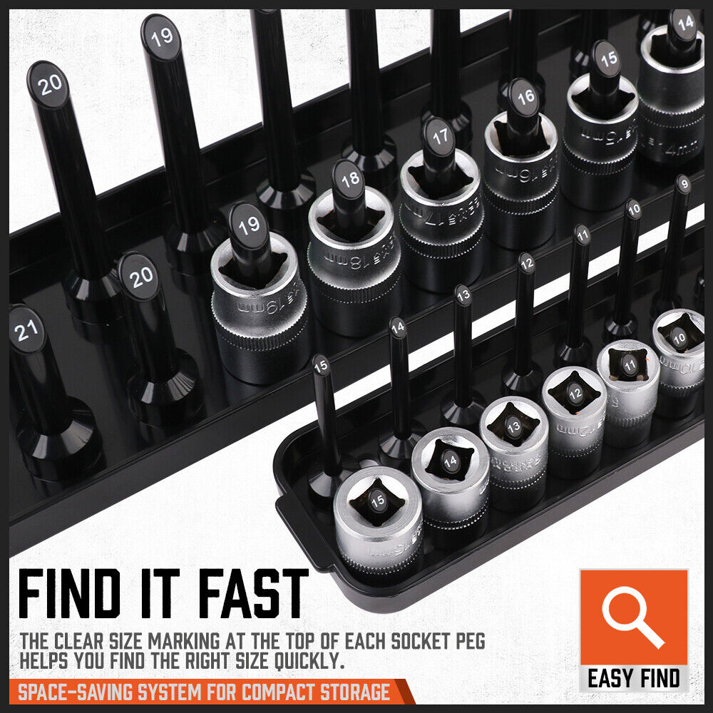 6-Piece Metric and SAE Socket Organizer Tray Set for Efficient Tool Storage in Garage, Fits 1/4", 3/8", 1/2" Drives