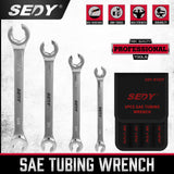 SEDY 4-Piece Flare Nut Wrench Set in SAE Sizes, Featuring 15° Offset Heads and Durable Chrome Vanadium Construction with a Convenient Organizer Pouch