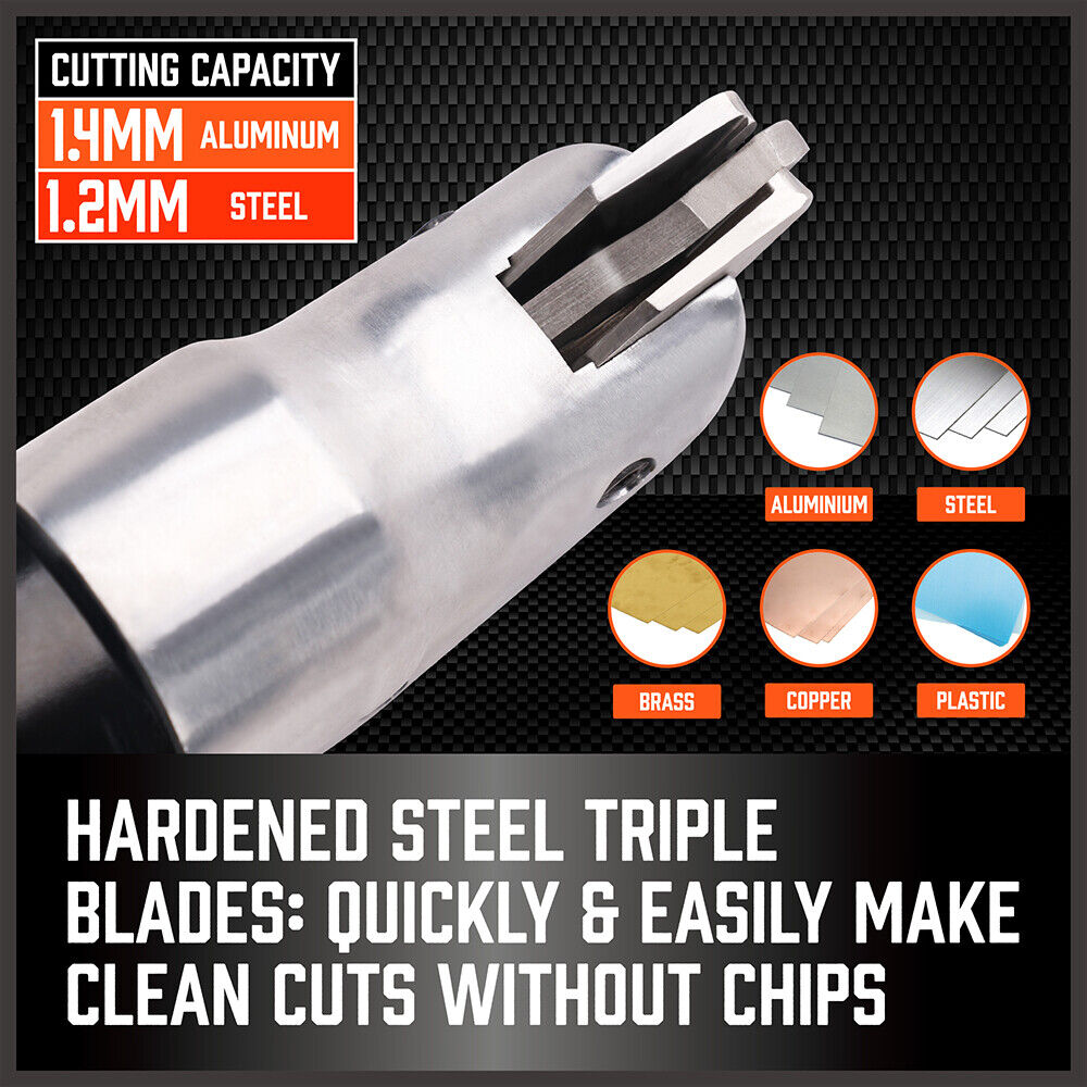 HORUSDY Professional Air Metal Shears for Cutting Steel and Aluminium Sheets, featuring a 90° Cutting Angle, 2500 rpm Speed, and Ergonomic Design
