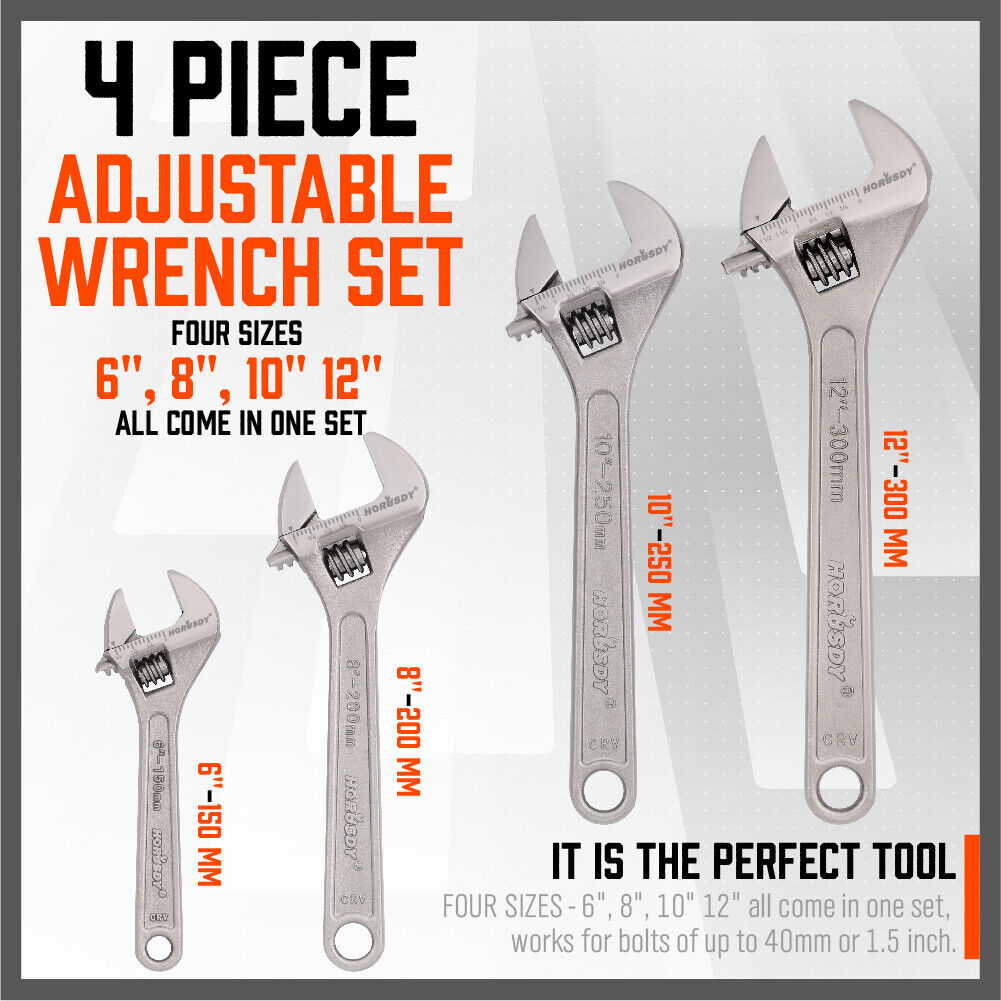 4Pc Heavy Duty Adjustable Wrench Set | 6", 8", 10", 12" Shifter Spanners with Wide Open Jaw