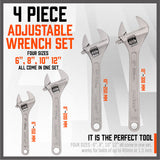 4Pc Heavy Duty Adjustable Wrench Set | 6", 8", 10", 12" Shifter Spanners with Wide Open Jaw