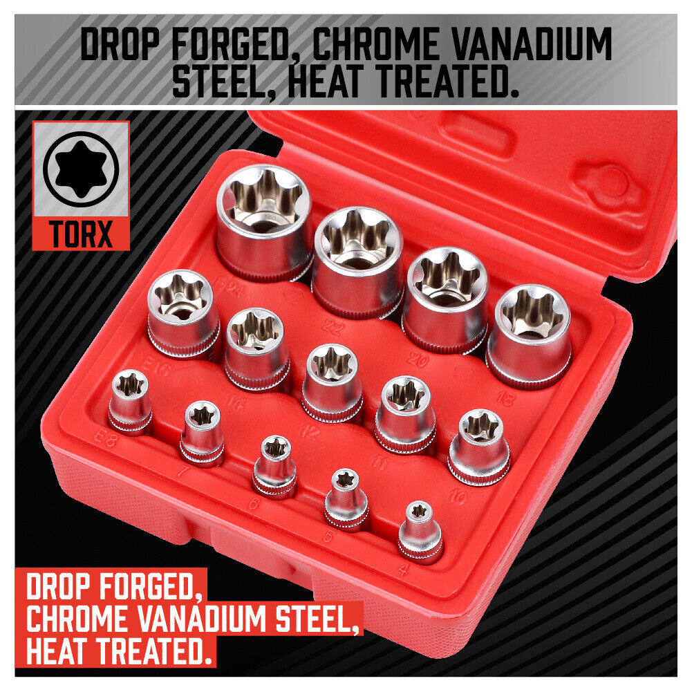 Complete 14-Piece E Torx Socket Set Ranging from E4 to E24 in Durable Chrome Vanadium Steel with Case