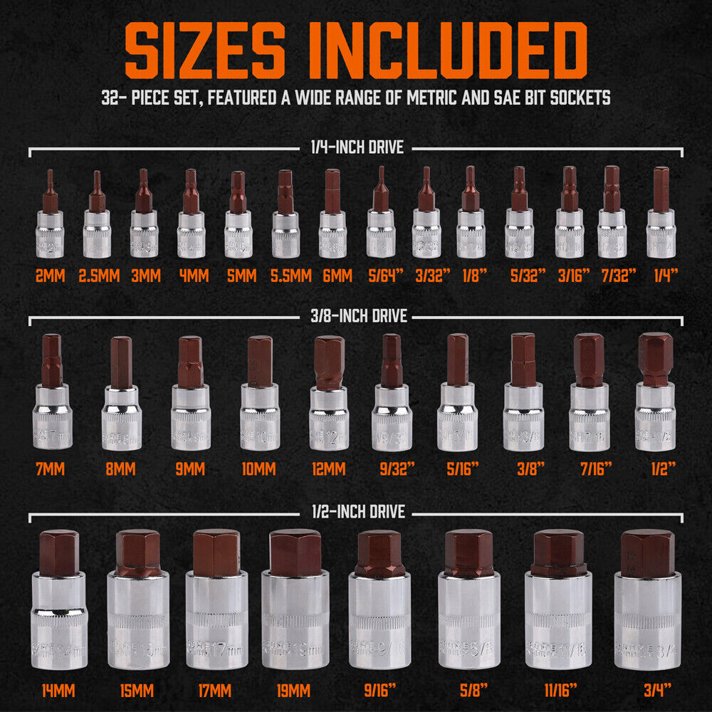 32Pc Hex Bit Socket Set - Versatile SAE/Metric Allen Key Set. Durable construction. Secure storage case. Smooth insertion.