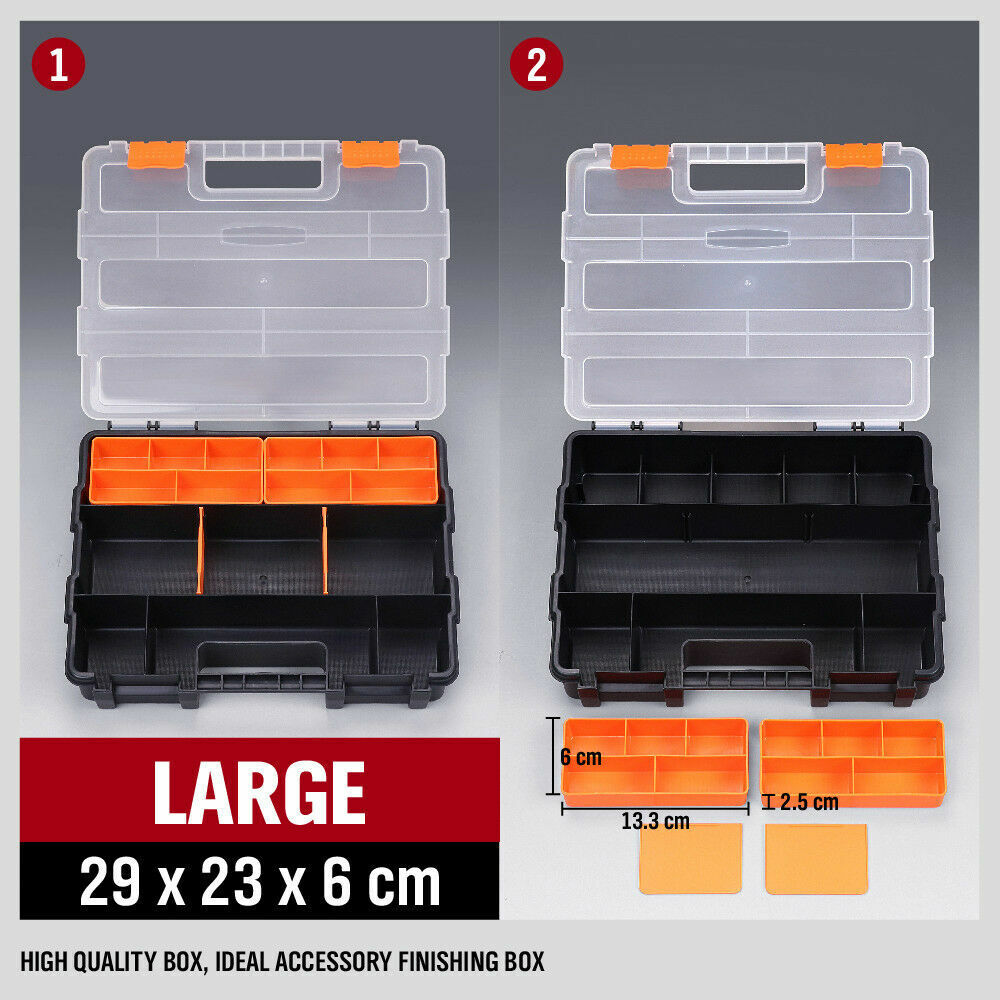 Versatile 4-piece tool box organizer set with removable trays, crafted from durable, high-impact polystyrene, ideal for neatly storing screws, nuts, bolts, arts and crafts materials.