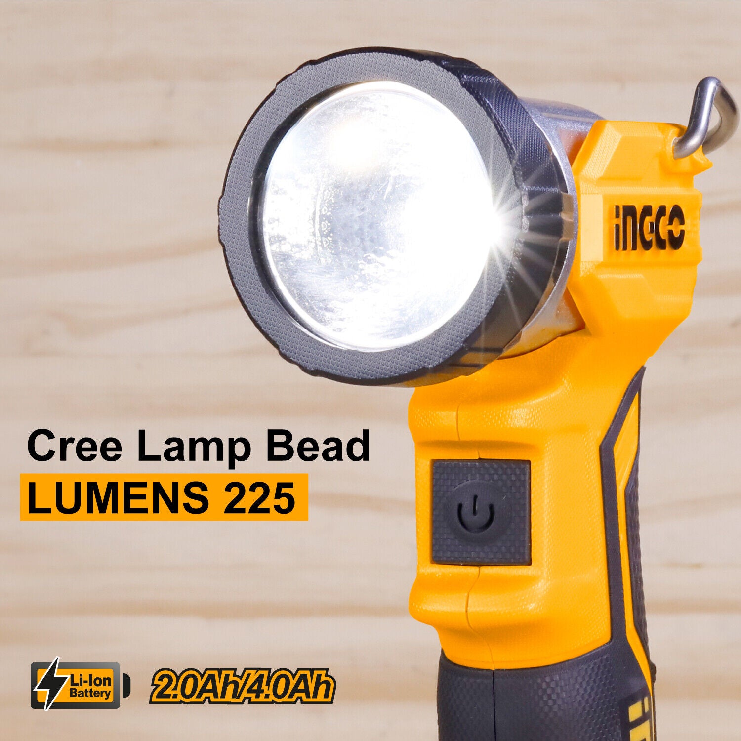 INGCO 20V LED Cordless Work Light with 90-Degree Adjustable Head and Integral Hook