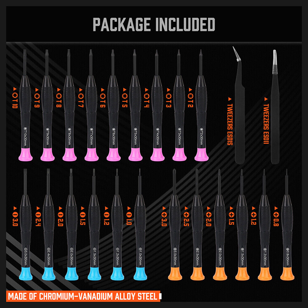 A comprehensive precision screwdriver set made of hardened steel with magnetic tips, non-slip handles and slotted, Phillips and Torx tools for intricate electronics repair.