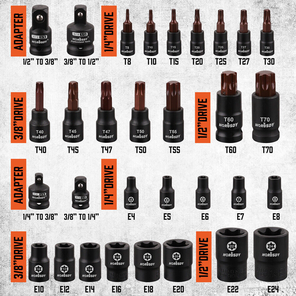 HORUSDY 31-Piece Torx & E Torx Socket Set, S2 Alloy Steel, Chrome Vanadium - Includes Solid Star & E-Torx Sockets Plus Adapters