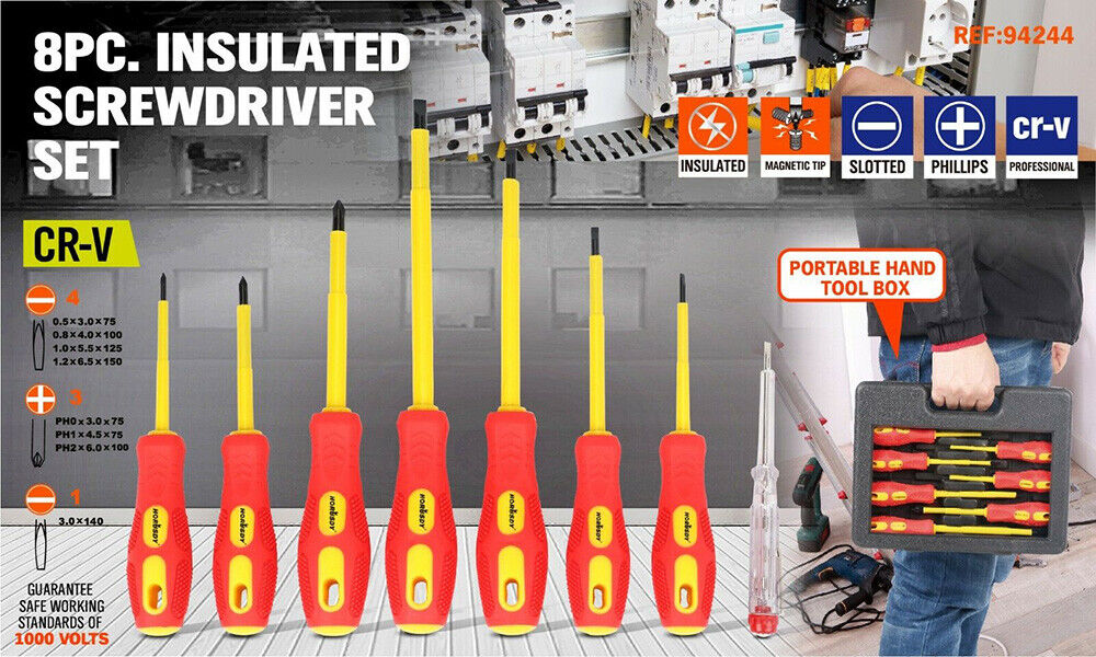 Professional 8-Piece Insulated Screwdriver Set with Magnetic Tips - Includes Slotted, Phillips, and Power Tester in a Case