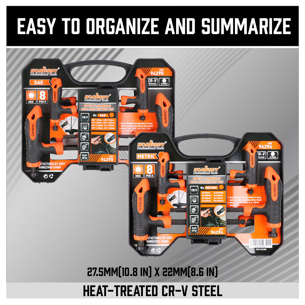 16-Piece T-Handle Hex Wrench Set - Allen Keys with Ball End and Ergonomic Grip in Metric and SAE