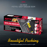 Durable 18-inch grease gun with a pistol grip, flexible hose, and an 8000 PSI pressure capacity, including a 14 oz grease cartridge and nozzles