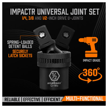  Image of the 3Pc Swivel Impact Socket Adapter Set, showcasing the 1/2", 3/8", and 1/4" adapters made from heat-treated black chrome molybdenum steel, with full 360-degree swivel motion and spring-loaded ball mechanism.