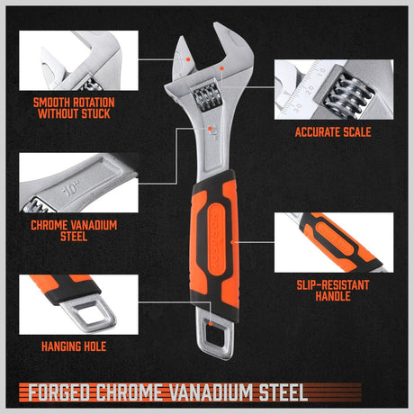 Set of Adjustable Wrenches in 6", 8", 10", 12" - Heavy Duty, Ergonomic DURAGRIP Handle, Chrome Vanadium Construction
