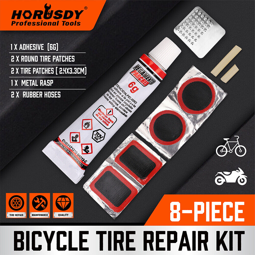 HORUSDY 8-Piece Bike Repair Kit with Adhesive, Tire Patches, Metal Rasp, and Rubber Hoses for Quick Puncture Fixes