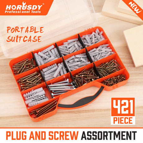 HORUSDY Screw Assortment Set - 421 Pieces including Hex Wood Screws, Chipboard Screws, Wall Plugs for Robust Fixing in Drywall and Wood Surfaces