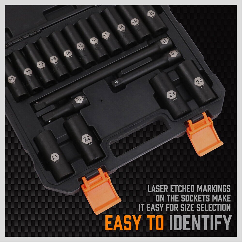 HORUSDY 18-Piece 1/2 Inch Drive Deep Impact Socket Set, Metric Sizes 10-24mm, Chrome Vanadium Steel with Black Phosphoric Acid Treatment and Laser Marking, Including 3 Extension Bars