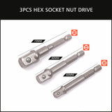 16-piece socket bit adaptor set including various nut drivers and extenders for power drills and screwdrivers, with different sizes for versatile use