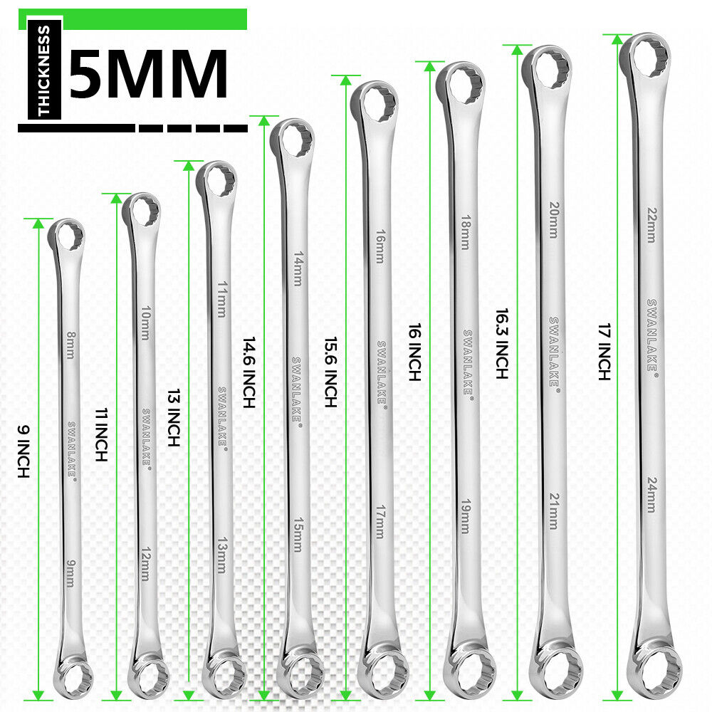 HORUSDY 9-Piece Aviation Spanner Set featuring Extra Long Double Ring Wrenches, Chrome Vanadium Steel, Sizes 8-24mm, and a Convenient Storage Pouch