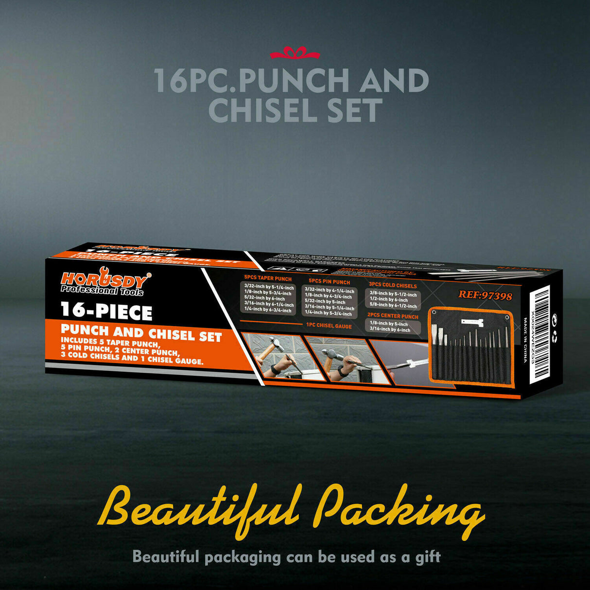 16-piece punch and chisel set including pin punches, tapered punches, cold chisels, center punches, and a gauge, all neatly rolled in a pouch