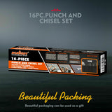 16-piece punch and chisel set including pin punches, tapered punches, cold chisels, center punches, and a gauge, all neatly rolled in a pouch