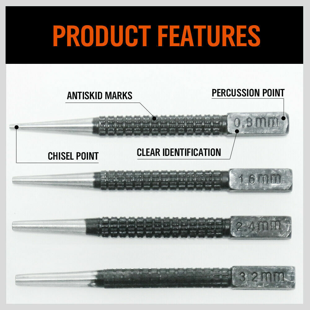 Four-piece Nail Punch Set, crafted from heavy-duty solid steel, featuring sizes 0.8, 1.6, 2.4, and 3.2 mm. The set provides a knurled body for an excellent grip, heat-treated for durability, with a square head design to prevent rolling and ensure a larger striking area