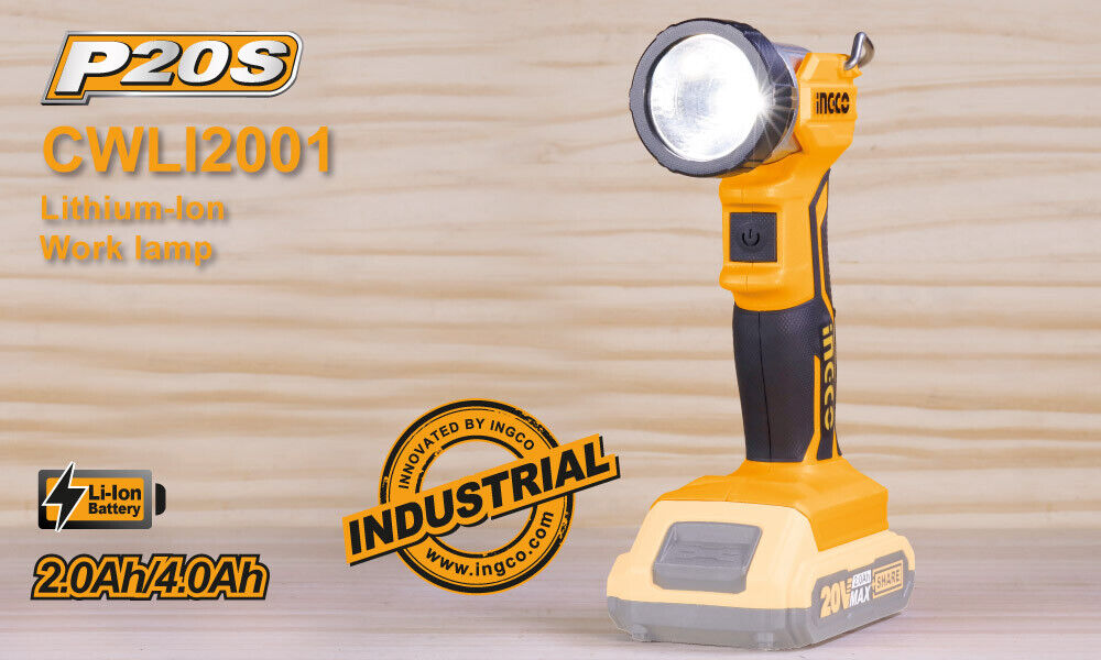 INGCO 20V LED Cordless Work Light with 90-Degree Adjustable Head and Integral Hook