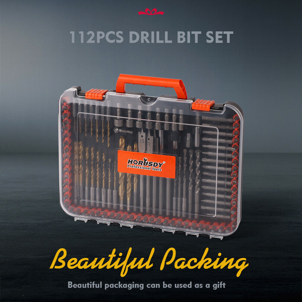 Extensive HORUSDY 112-Piece Drill Bit Set featuring Spade, Masonry, Nut Driver, and Various Insert Bits with Titanium Coating for Wood and Metal Drilling