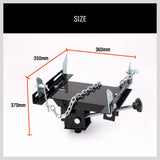 Sturdy 500KG Transmission Jack Adapter in black, featuring an adjustable saddle, corner brackets for universal fit, safety chains, and an automatic release valve. Constructed from heavy-duty steel for maximum durability