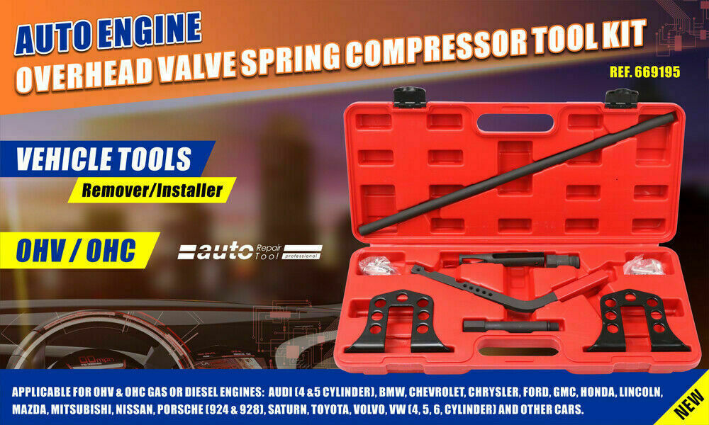 Overhead valve spring compressor tool kit, suitable for universal OHC and OHV petrol and diesel engine maintenance