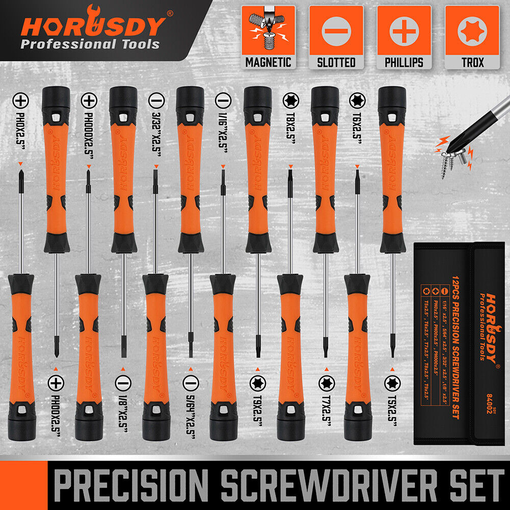 HORUSDY 12-Piece Precision Screwdriver Set, Chrome Vanadium, Magnetized Tips, Non-Slip Handle, Includes Slotted, Phillips, Torx Screwdrivers with Carrying Pouch