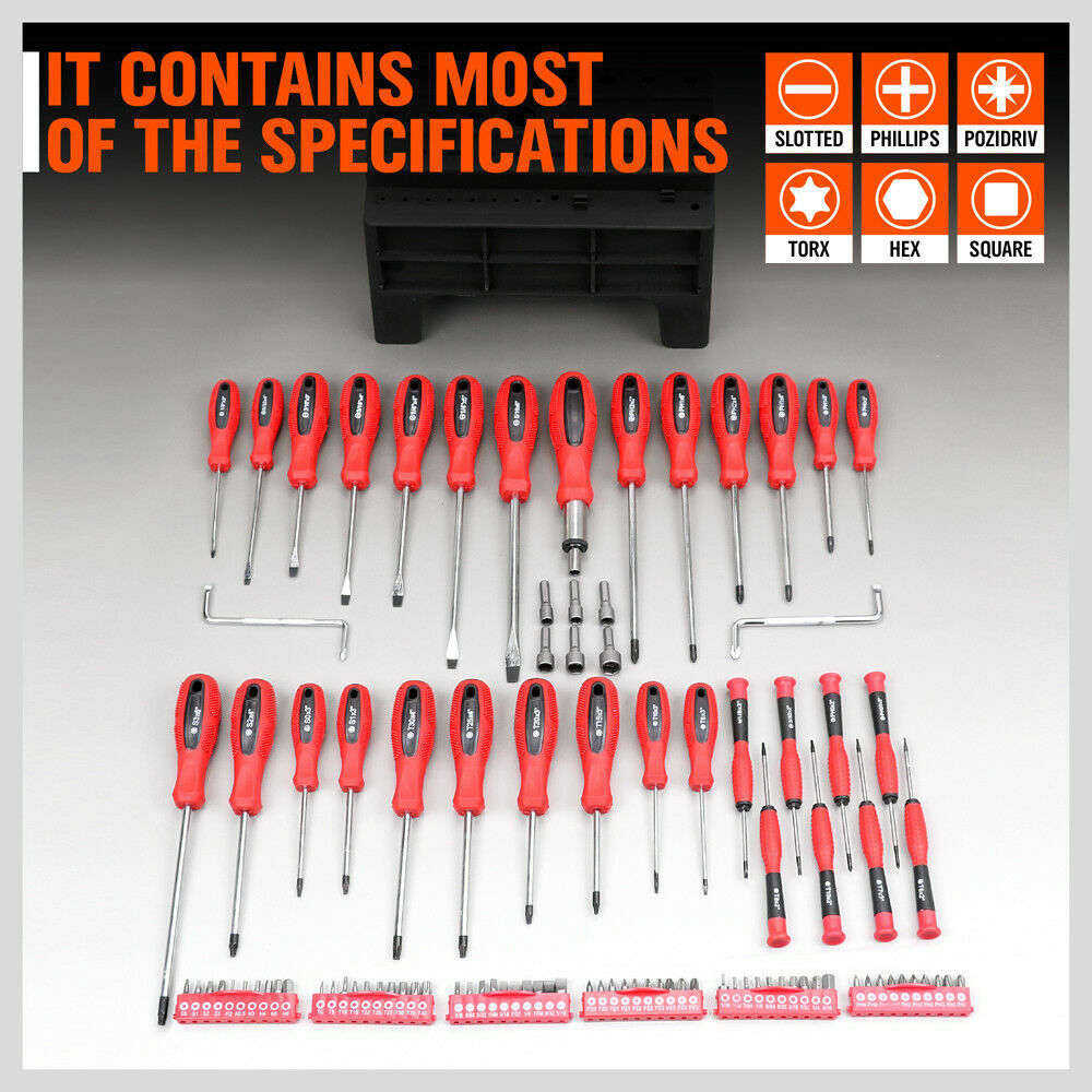 Versatile 100pc Screwdriver Set with Multiple Bits Including Slot, Pozi, Hex, Star, and Square in a Red and Black Rack