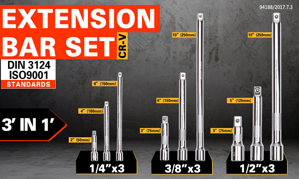 Durable 9-Piece Extension Bar Set with 1/4", 3/8", 1/2" Drive Sizes - Chrome Vanadium Steel, Spring-Loaded Ball Detent