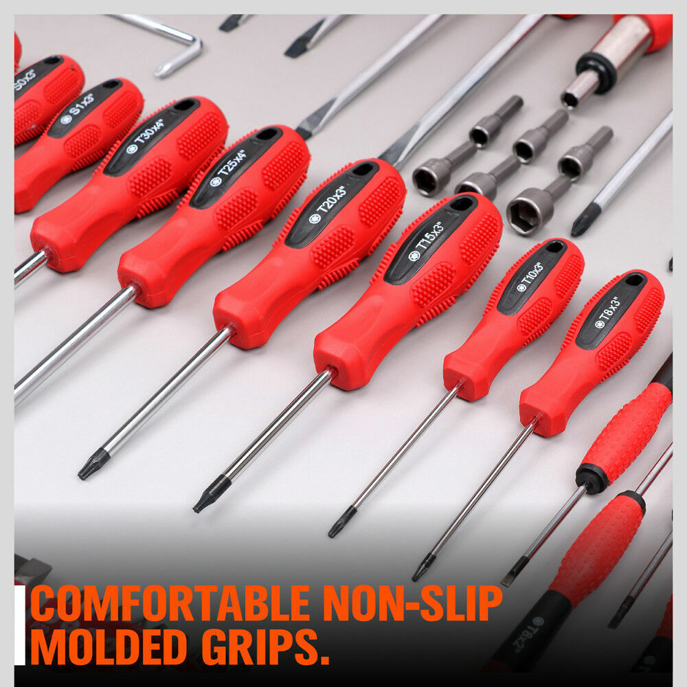 Versatile 100pc Screwdriver Set with Multiple Bits Including Slot, Pozi, Hex, Star, and Square in a Red and Black Rack