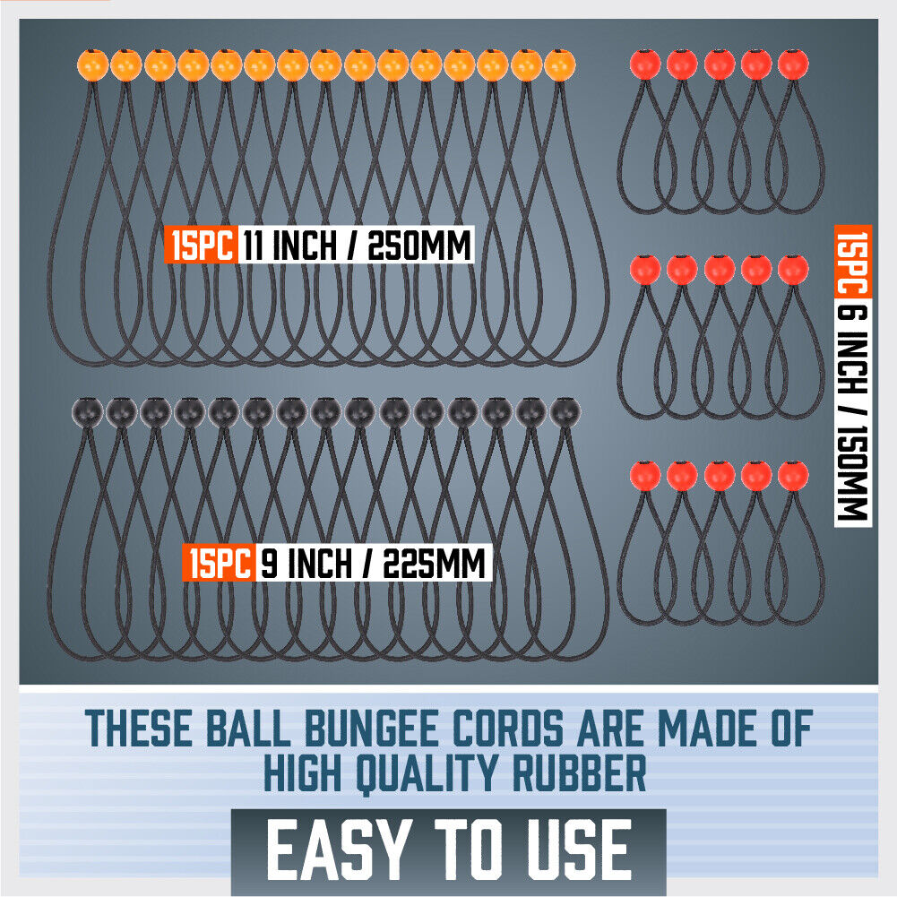 45-Piece Set of Elastic Bungee Ball Ties in Black, featuring 6 inch, 9 inch, and 11 inch lengths for versatile outdoor use