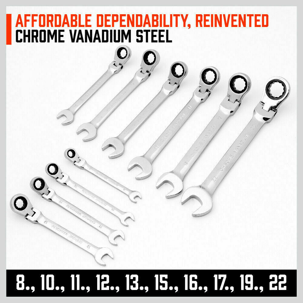 Complete Set of 10 Chrome Vanadium Steel Metric Ratchet Spanners with Flexible Heads and Carry Pouch