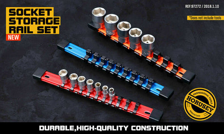 Color-coded 3Pc Socket Holder Set for 1/4", 3/8", 1/2" drives with ABS plastic clips for tool organization.