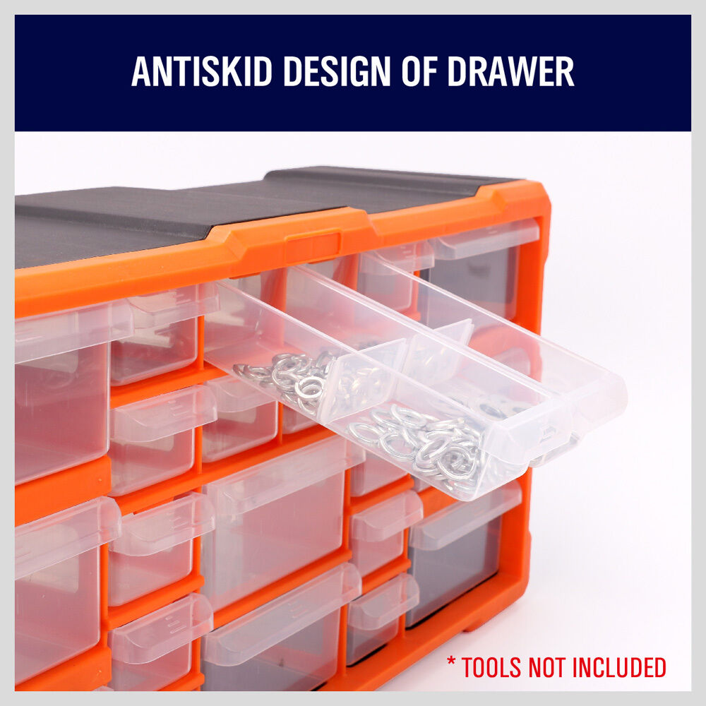Durable 22-drawer plastic storage cabinet with versatile organization options for tools and supplies.
