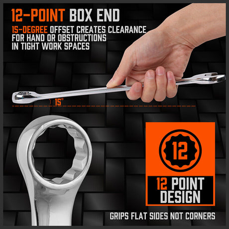 HORUSDY 15-Piece Imperial Spanner Set, SAE Ring/Open End Wrench, Chrome Vanadium Steel, Nickel Chrome Plated with Mirror Polish Finish