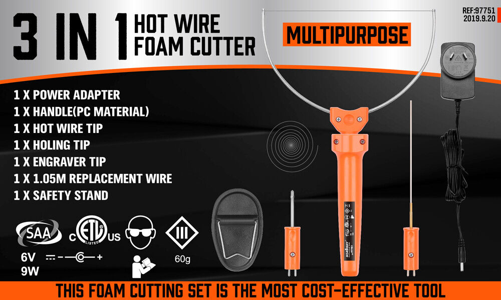 Comprehensive 3in1 Hot Wire Foam Cutter with interchangeable tips for cutting, engraving styrofoam, and polystyrene materials.