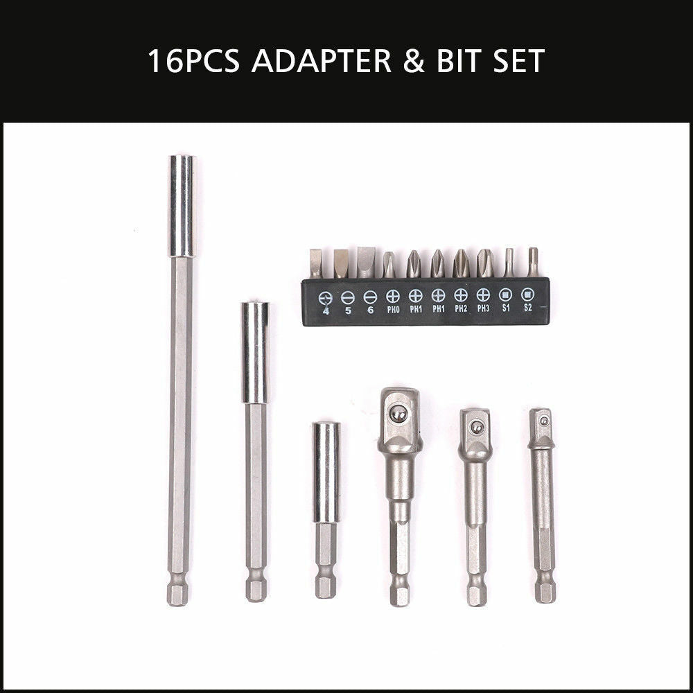 16-piece socket bit adaptor set including various nut drivers and extenders for power drills and screwdrivers, with different sizes for versatile use