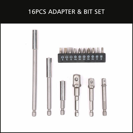 16-piece socket bit adaptor set including various nut drivers and extenders for power drills and screwdrivers, with different sizes for versatile use