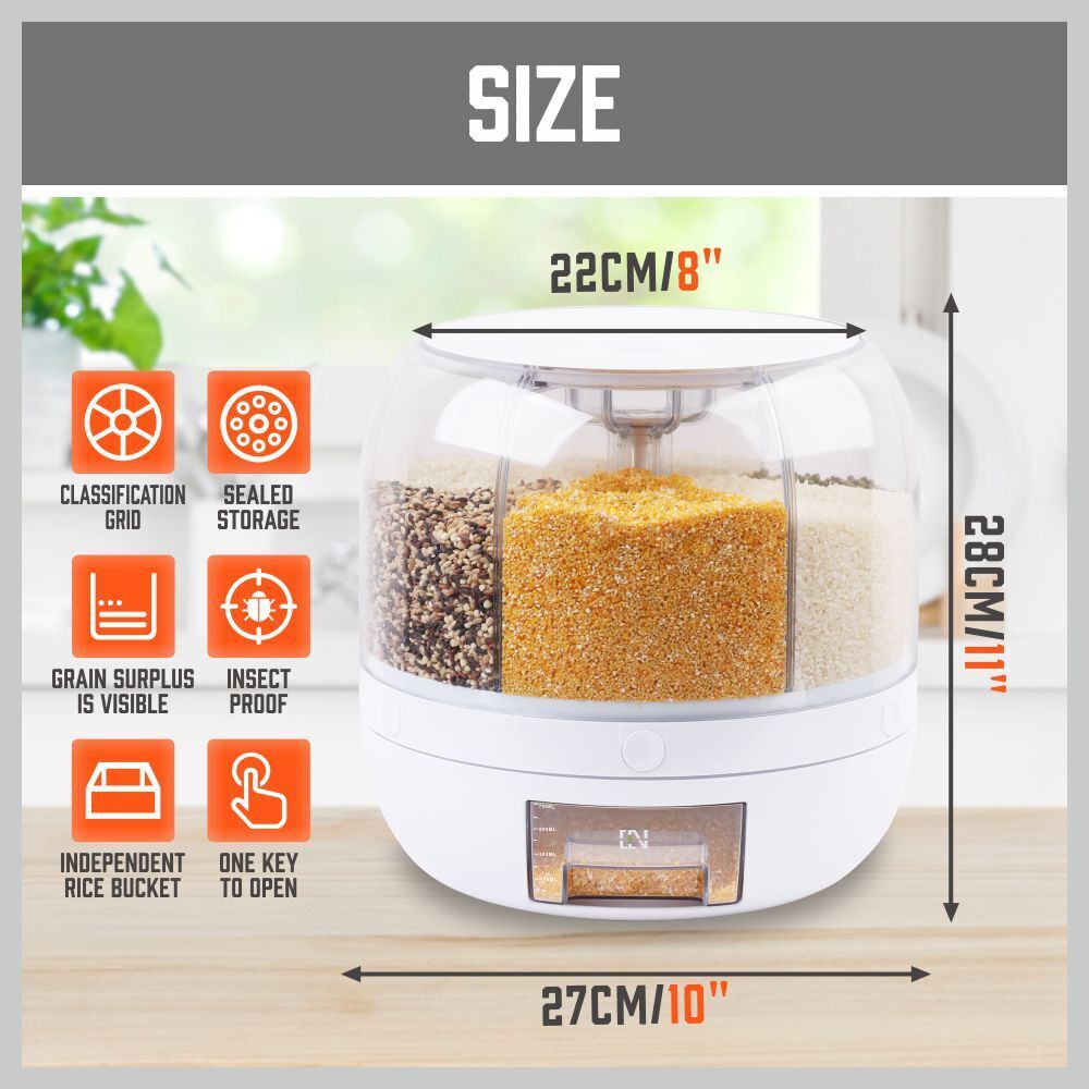 10KG Capacity 6in1 Rotating Grain Dispenser with Transparent Compartments for Dry Food and Rice Storage